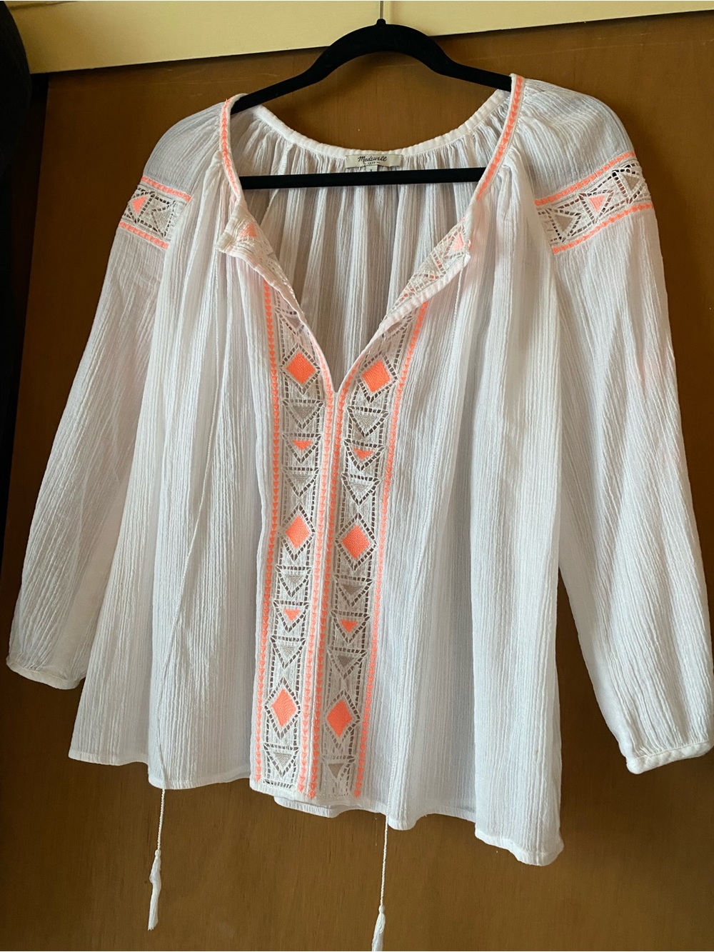 Madewell White Peasant Tunic with Coral Embroidery